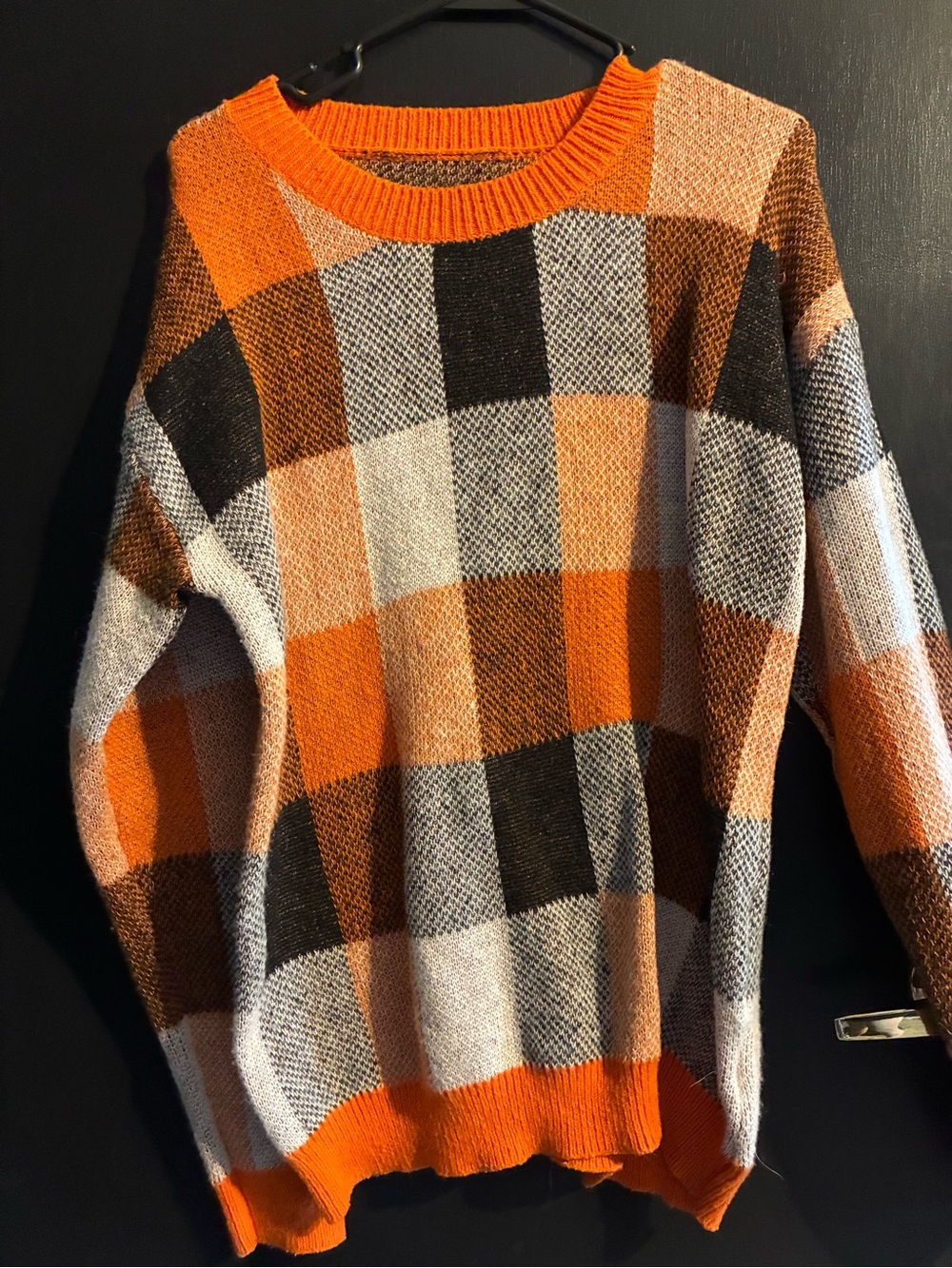 Orange Plaid Knit Sweater - Classic Crewneck